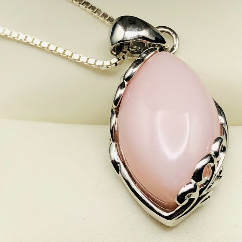 BBJ Sterling Silver 925, 16" Box Chain Necklace, Pink Agate Pendant, 8 Grams